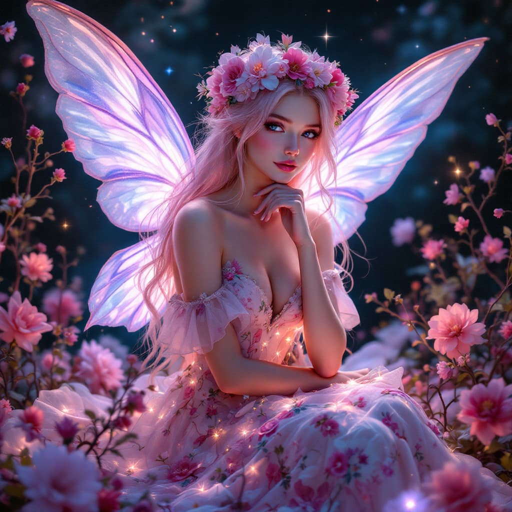 AI generated: Female fairy (ethnicity:1.0, age:1.2),  (detailed clothing:1.3),  (detailed accessories: 1.3),  (fac...