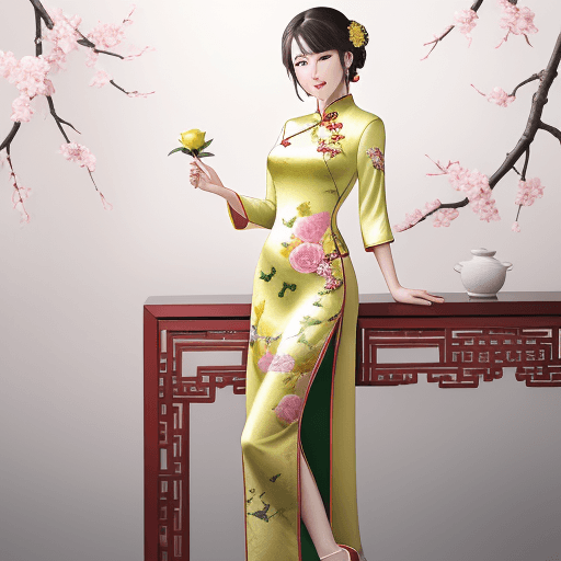 AI generated: An elegant and noble woman wearing a colorful cheongsam and high heels standing in the background of...