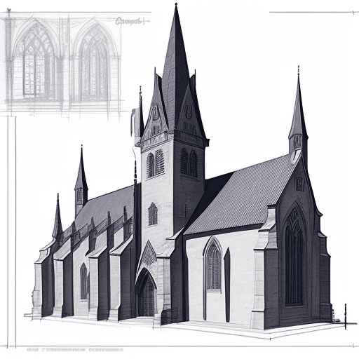 AI generated: detailed with notes, ink sketch of medieval church slick design clean lines blueprint perfect awesom...