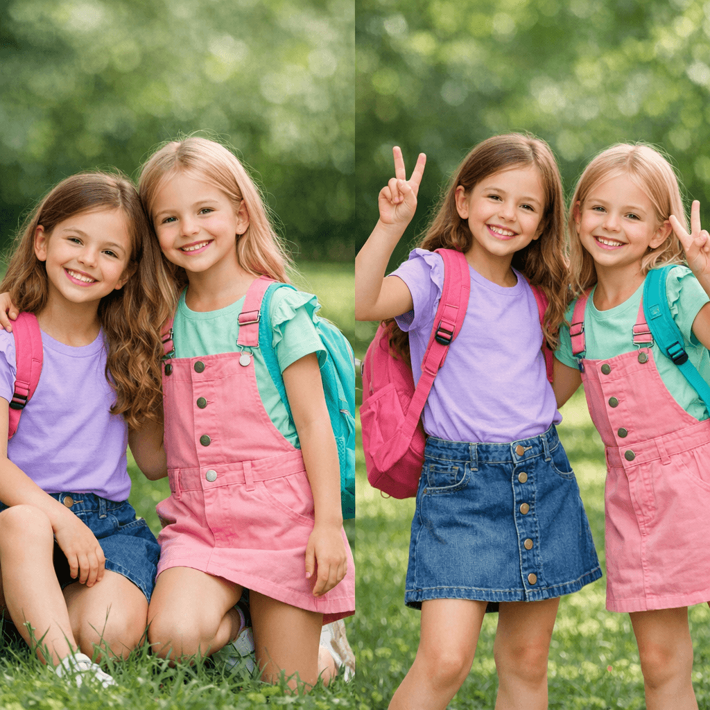 AI generated: A complete image of two girls of 8 years wearing this clothes with different poses