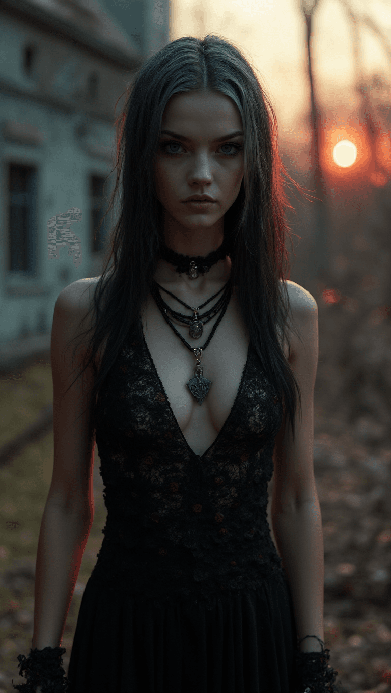 AI generated: Full-body shot of a young thin woman with black hair with gray strands, pale skin, black-painted eye...