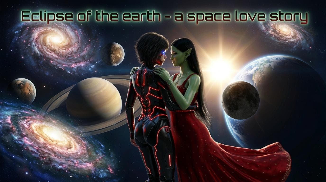 AI generated: Make a movie poster in 16.9 with these two characters hugging in space with galaxies and planets. Ti...
