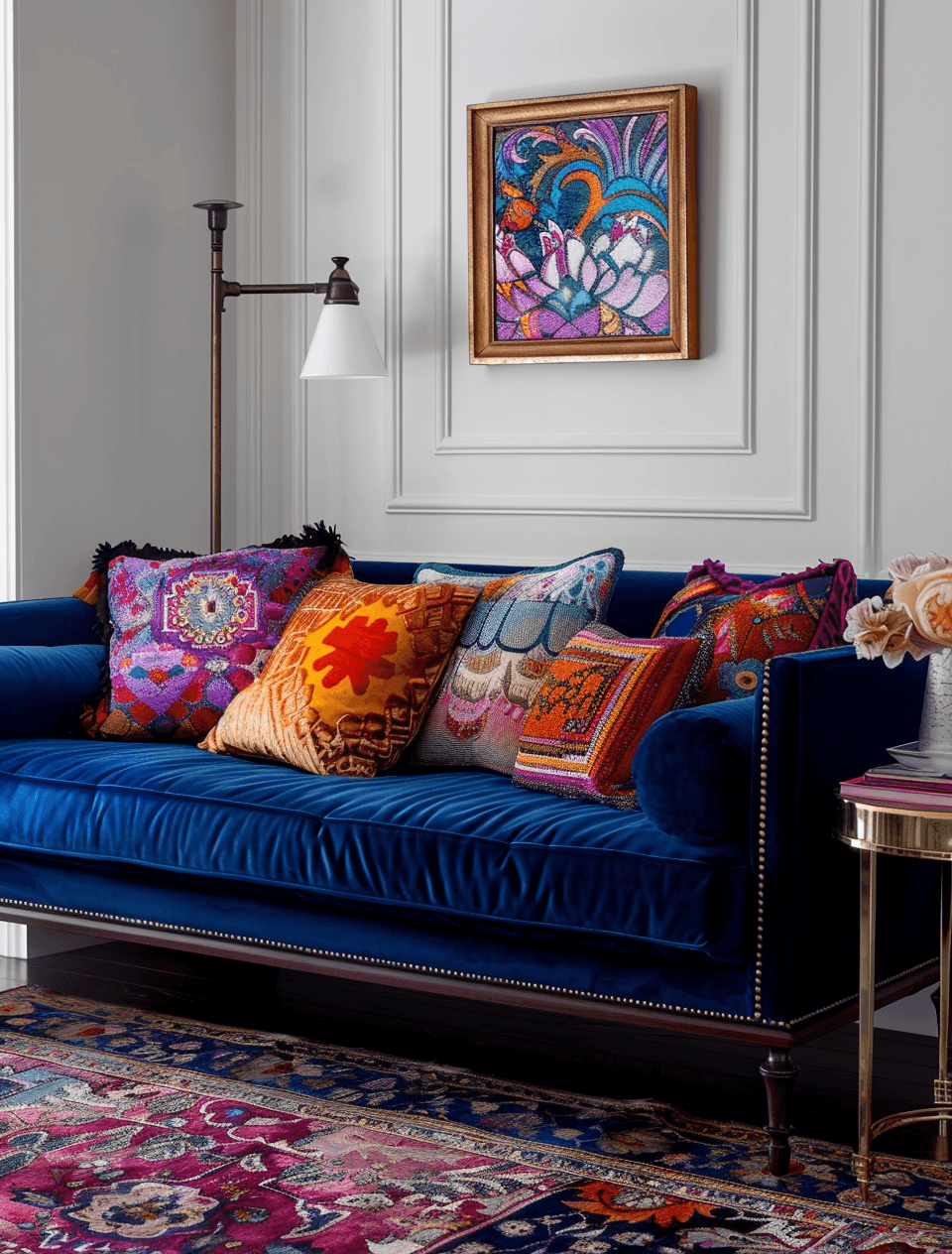 AI generated: a blue velvet daybed with colorful pillows and throw pillows, a side table in front of it with an in...