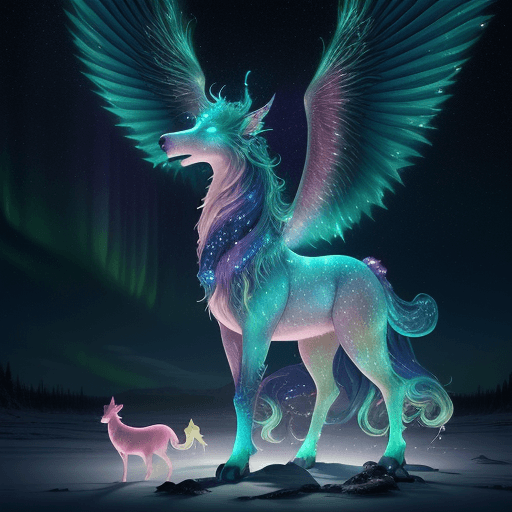 AI generated: Mythical creatures, glowing in chromatic hues, bathed in the celestial light of the northern lights ...