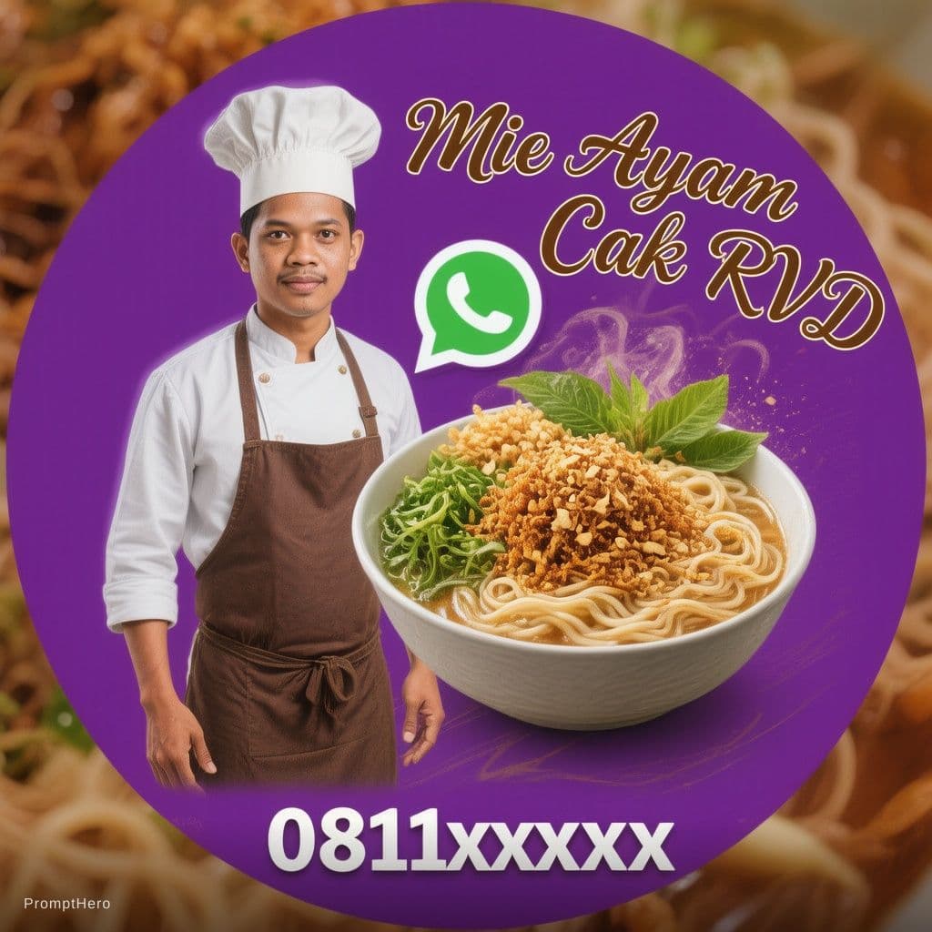 AI generated: A 3D digital illustration in the shape of a circular logo with a purple background featuring a chef ...