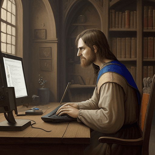 AI generated: medieval style painting, computer programmer working with a computer, looking unhappy, viewed from s...