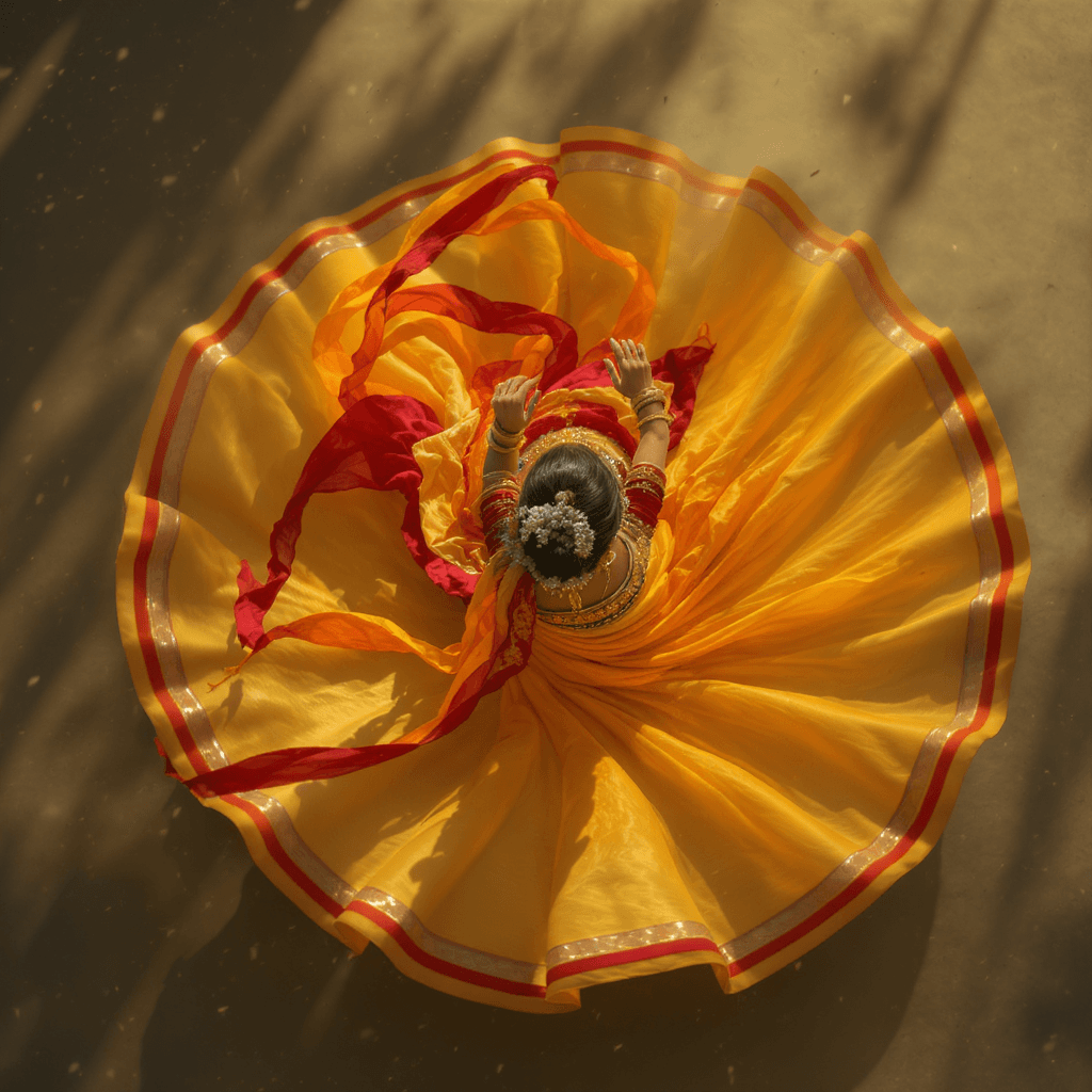 AI generated: A mesmerizing Indian female dancer captured in mid-whirl from a dramatic top-angle shot. She wears a...
