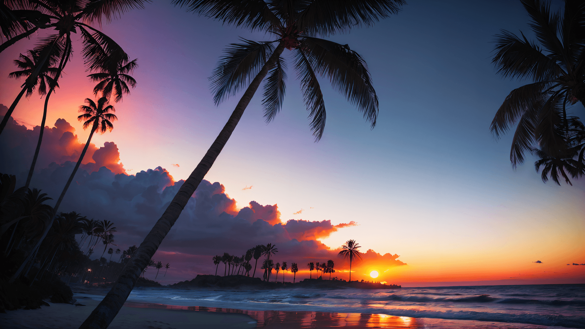 AI generated: (masterpiece , award winning , highest quality:1.2), palm tree , sunset , ocean , graphic color logo...
