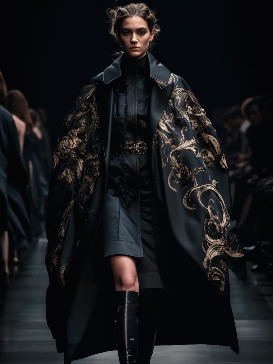 AI generated: a woman walking down a runway wearing a black coat, a photo, by Emma Andijewska, baroque, clippings ...