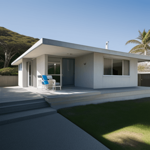 AI generated: Hyper realistic eye level exterior photo of a mid century modern style house overlooking the ocean, ...