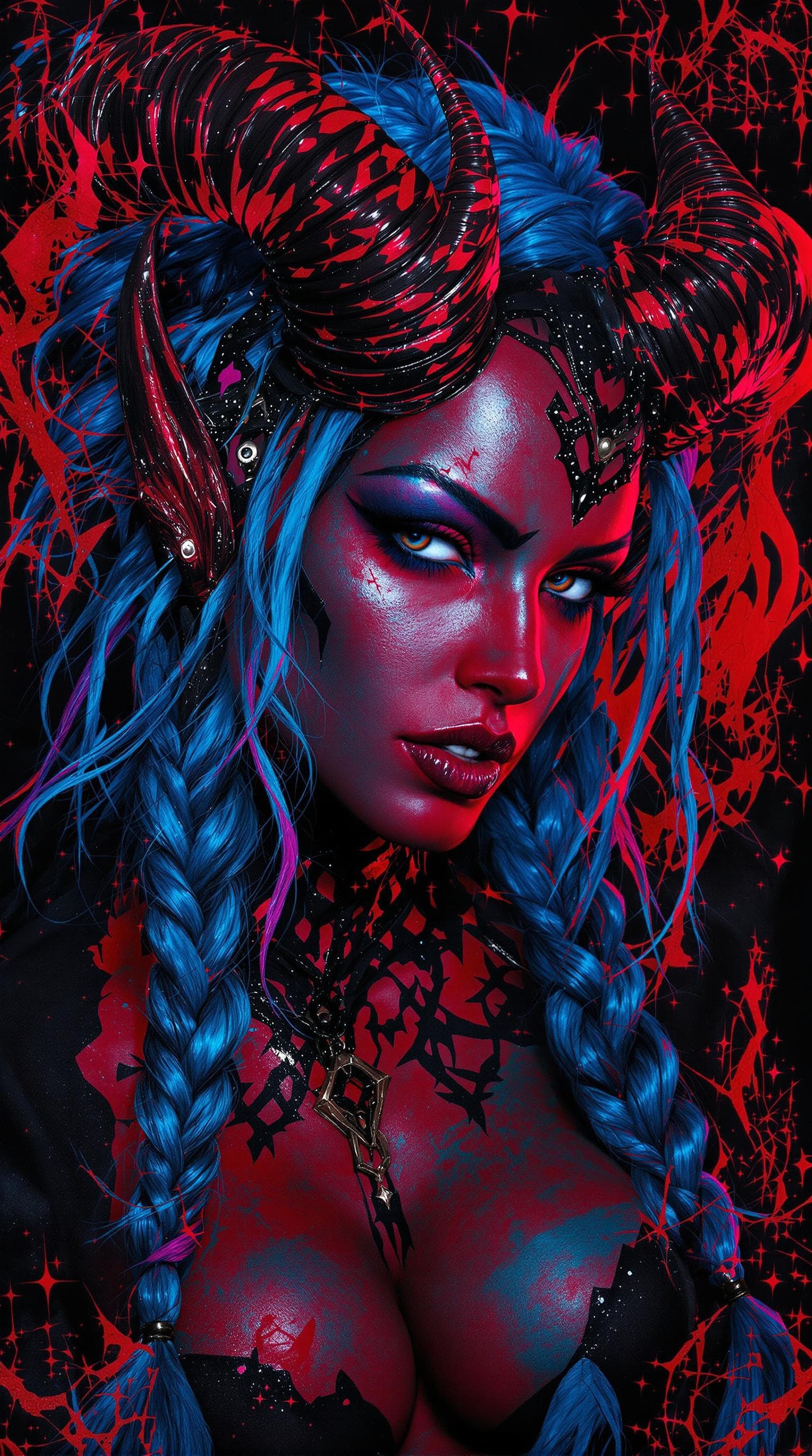 AI generated: demoness, succubus, sexx demon, a portrait of an evil demon woman with blue and pink braided hair, s...