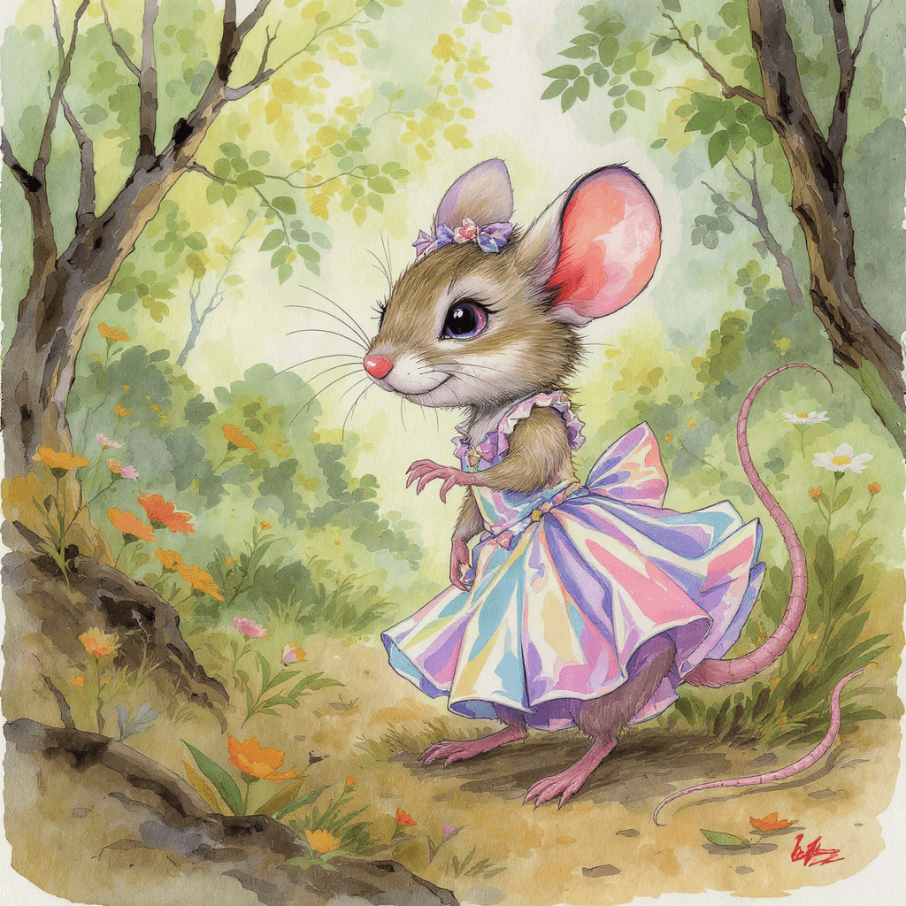 AI generated: a caricature mouse, in a iridescent dress, playing in the woodland, watercolour, detailed, 