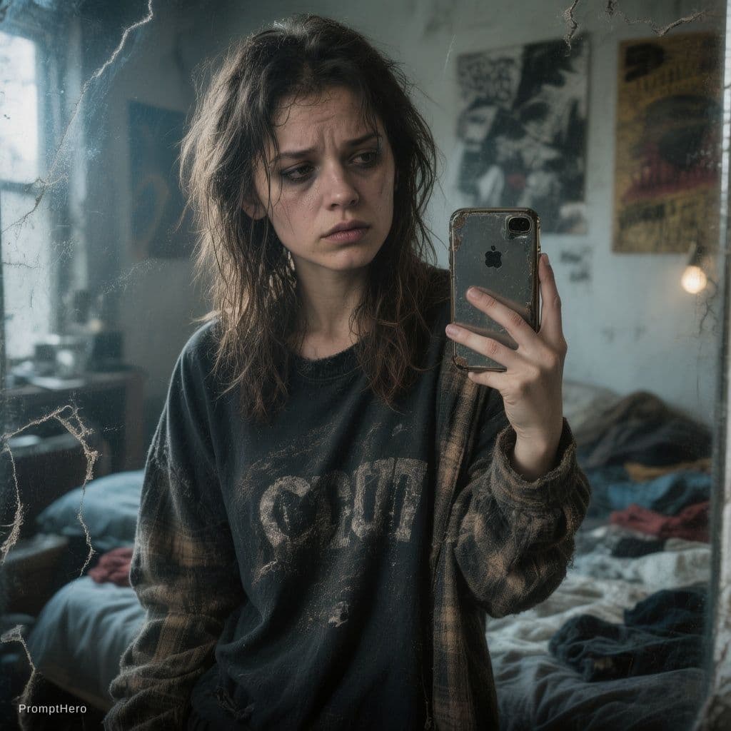 AI generated: Ultra-realistic photo of Yara captured late at night in her bedroom, leaning against a slightly crac...