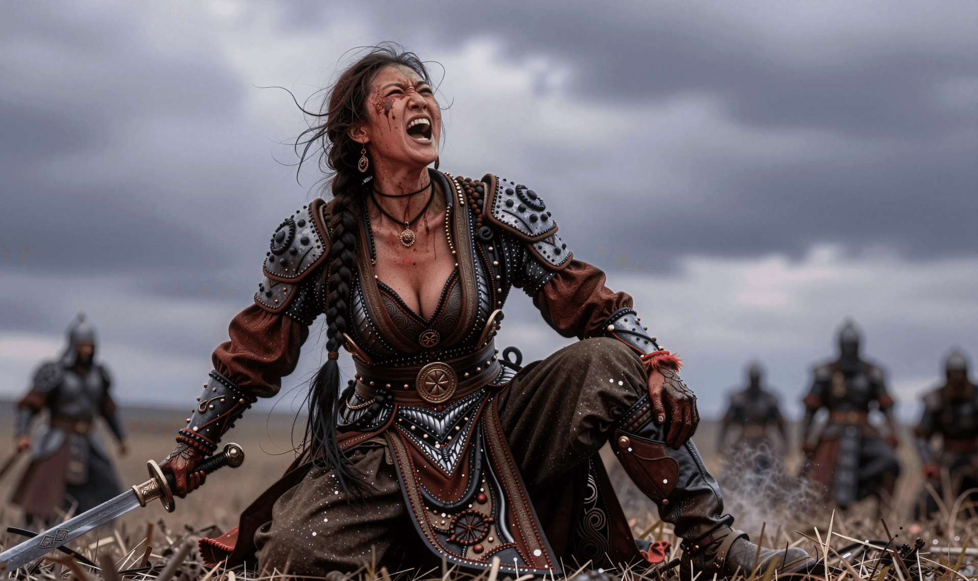 AI generated: Realistic war photography of a Central Asian Turkic woman warrior kneeling and thighs split brutally...