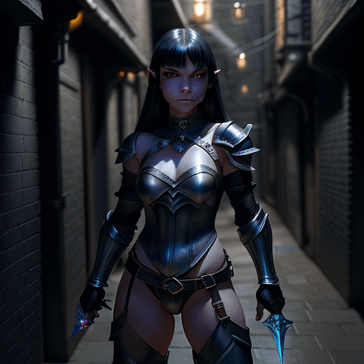 AI generated: Female Halfling Thief, Shadow Dancer. Commandingly displayed in a moonlit alleyway. Positioned at th...