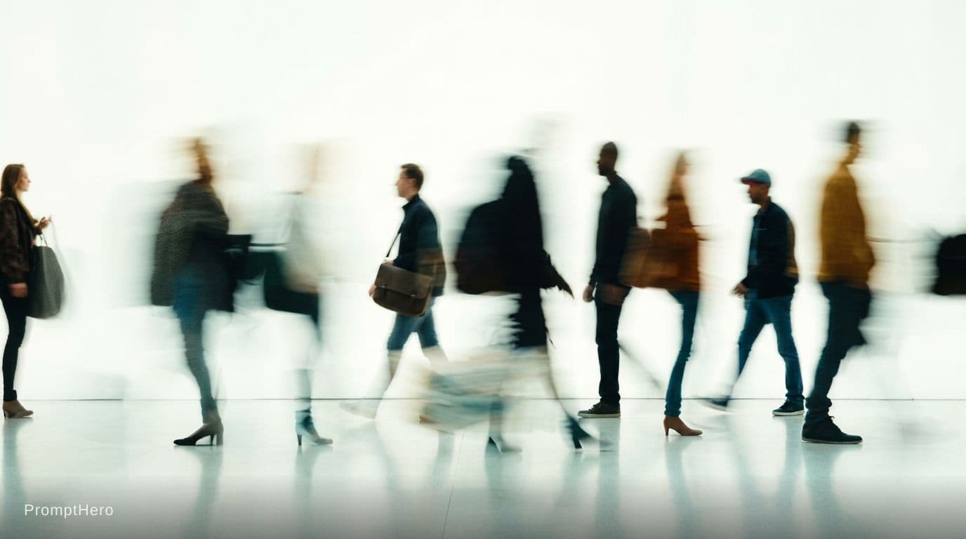 AI generated:  blurred pedestrians walking, strong motion blur conveying urban rush and anonymity,modern urban aes...