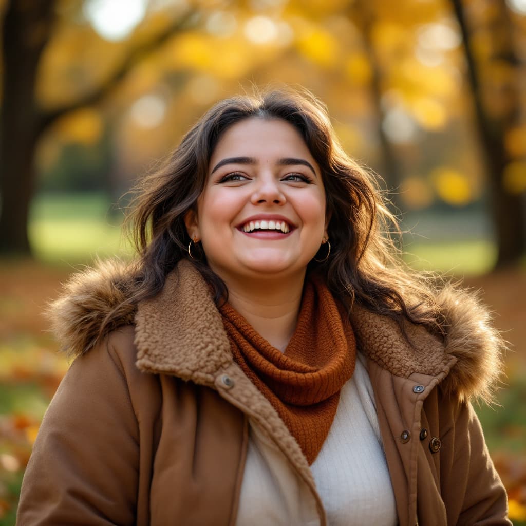 AI generated: Joyful chubby brown warm tone lady in a park
