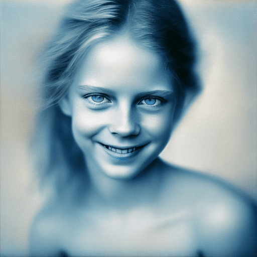 AI generated: smiling , colors, sharp light blue eyes, A soul-stirring close-up portrait of a woman, grins, her gr...