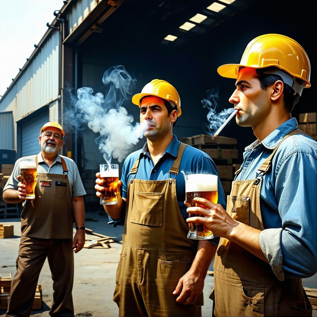 AI generated: In the photo, workers are standing at the entrance to the factory and looking at the camera while sm...
