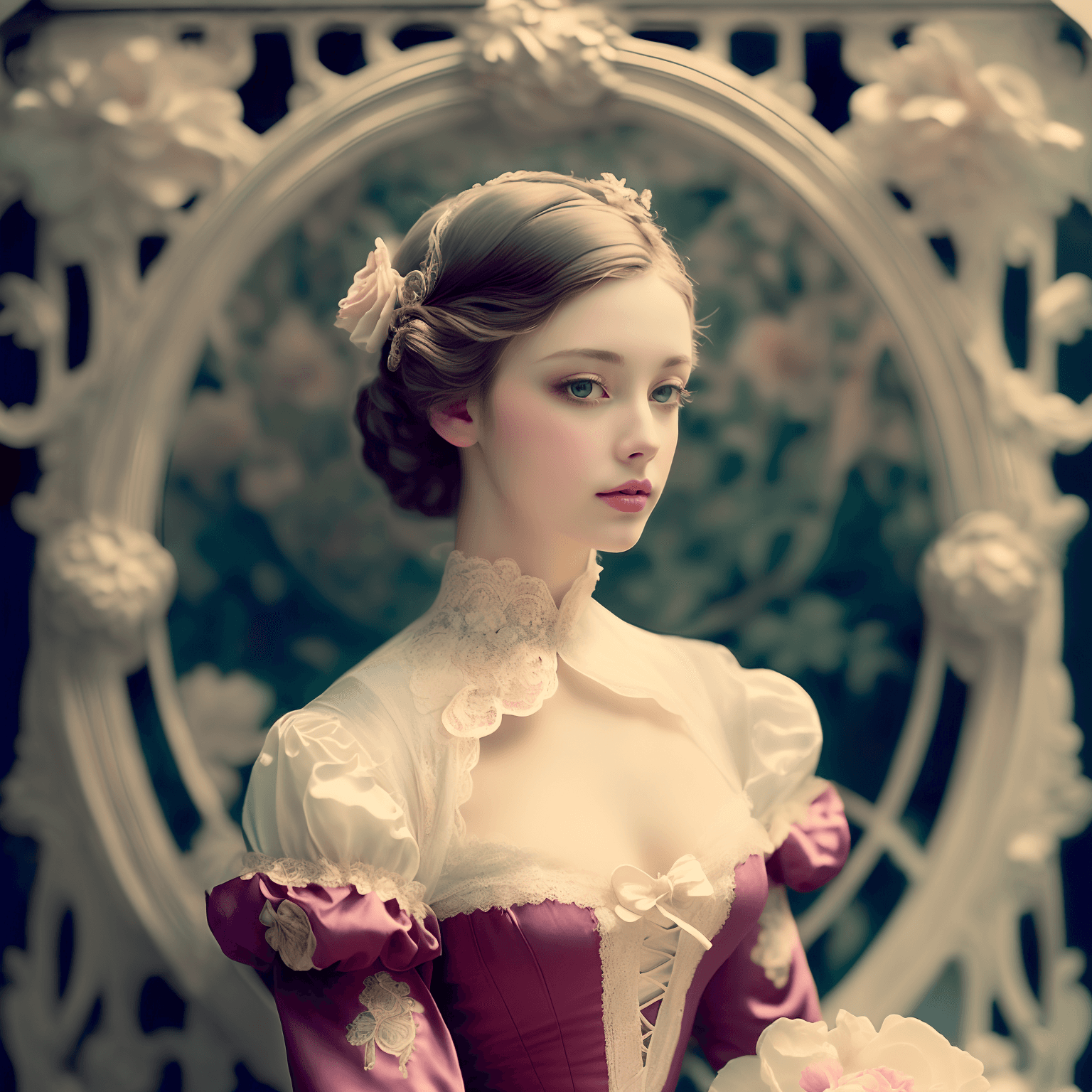 AI generated: (Art Nouveau Maiden in Victorian Dress:1.2), a fusion of Art Nouveau aesthetics and Victorian fashio...