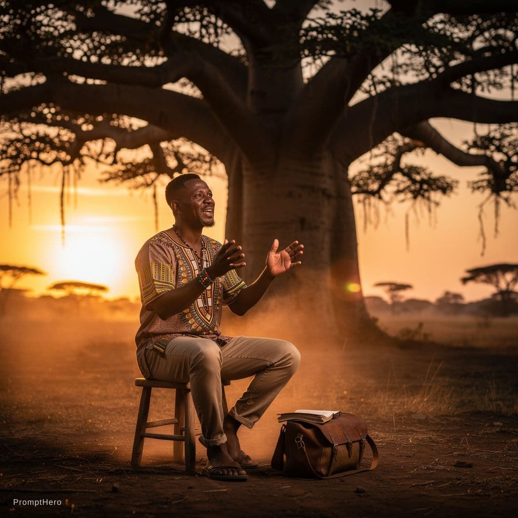 AI generated: Je veux créer un griot Africain seul assis sur un tabouret qui rencontre des histoires mystérieuse s...