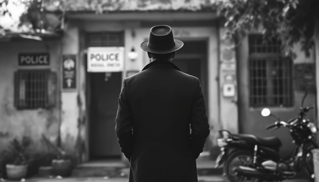 AI generated:  high definition black n white - camera shot from behind- a man in black coat and hat standing outsi...