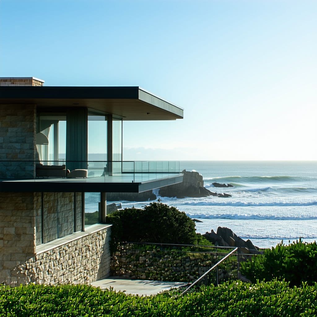 AI generated: Hyper realistic eye level exterior photo of a mid century modern style house overlooking the ocean, ...