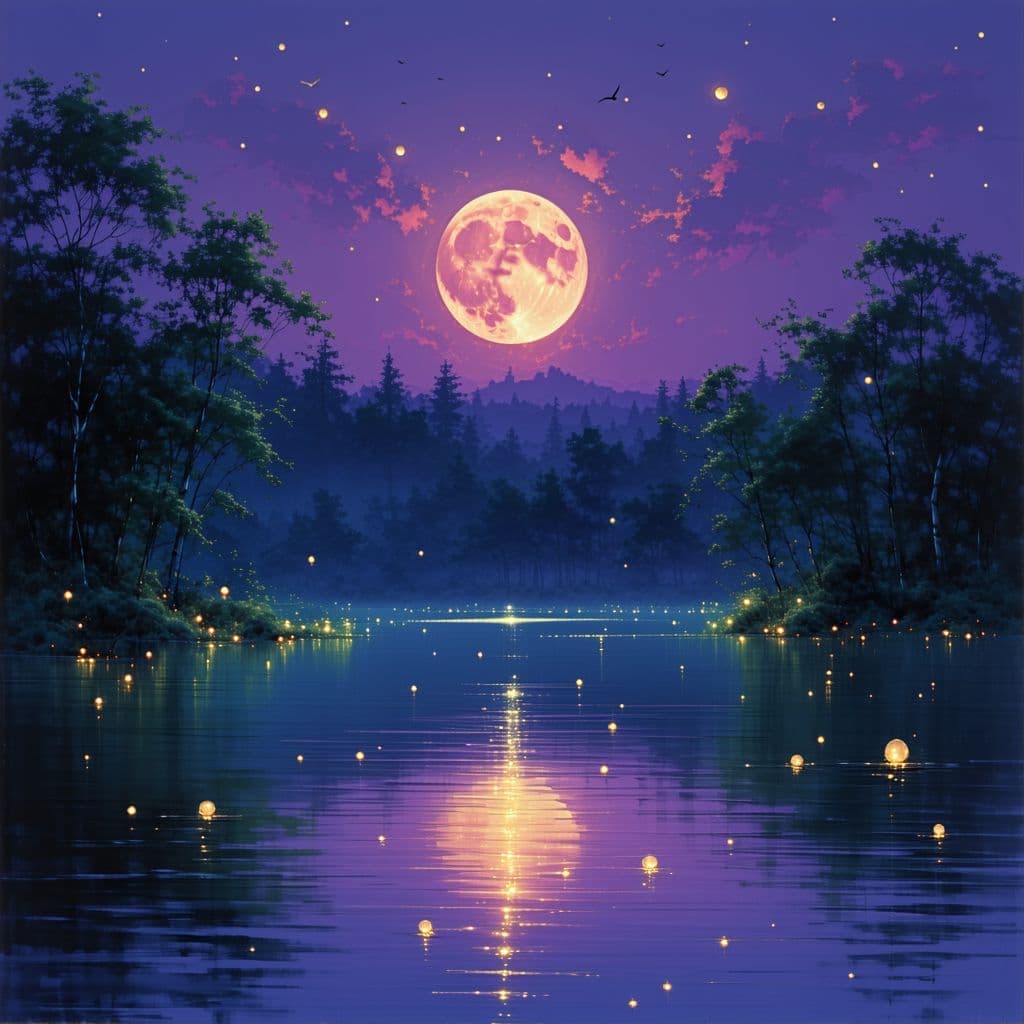 AI generated: Prompt: strawberry moon rising over a serene lake, surrounded by lush greenery and softly illuminate...