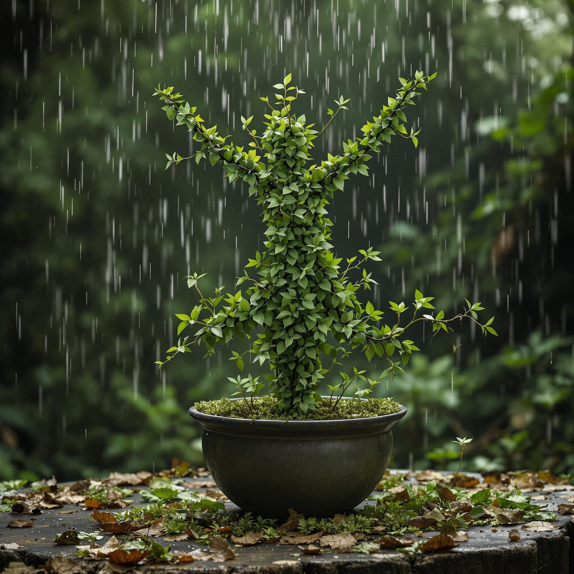 AI generated:  A human like figure rinade of leaves dancing on a pot, forest rain background