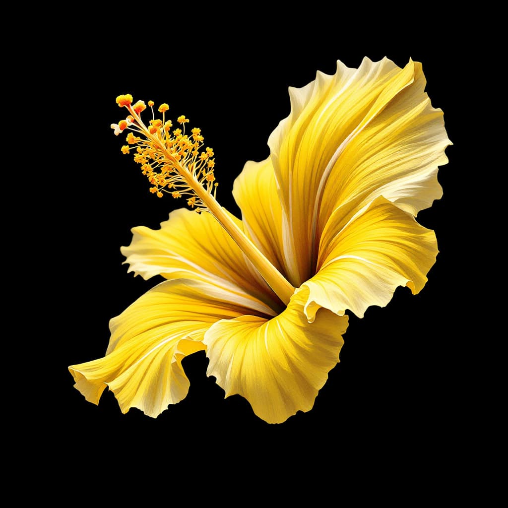 AI generated: Artistic illustration art, intricate hibiscus flower against a pure black background, focus on the d...
