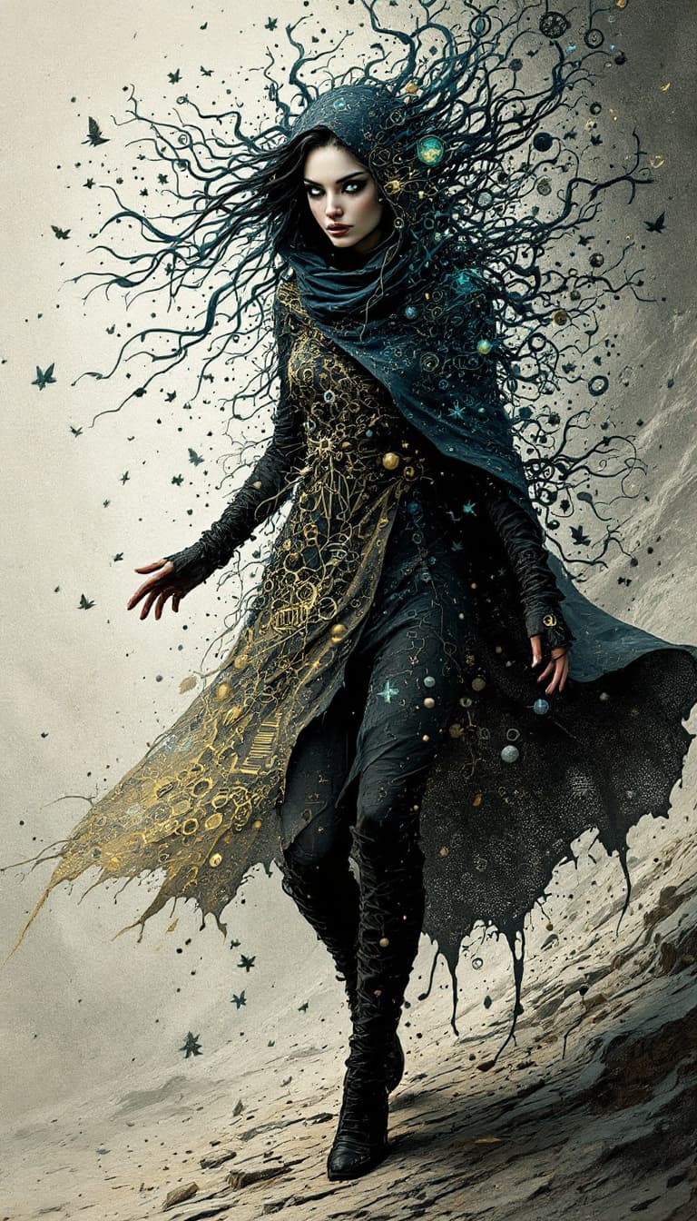 AI generated: A cunning concept thief, her form changing and shifting to reflect the ideas around her and her clot...