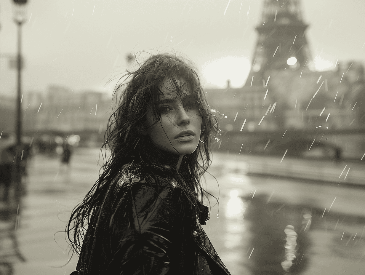 AI generated: 
a woman with long hair walking in a Paris , morning light,HD high resolutio, in the style of black...