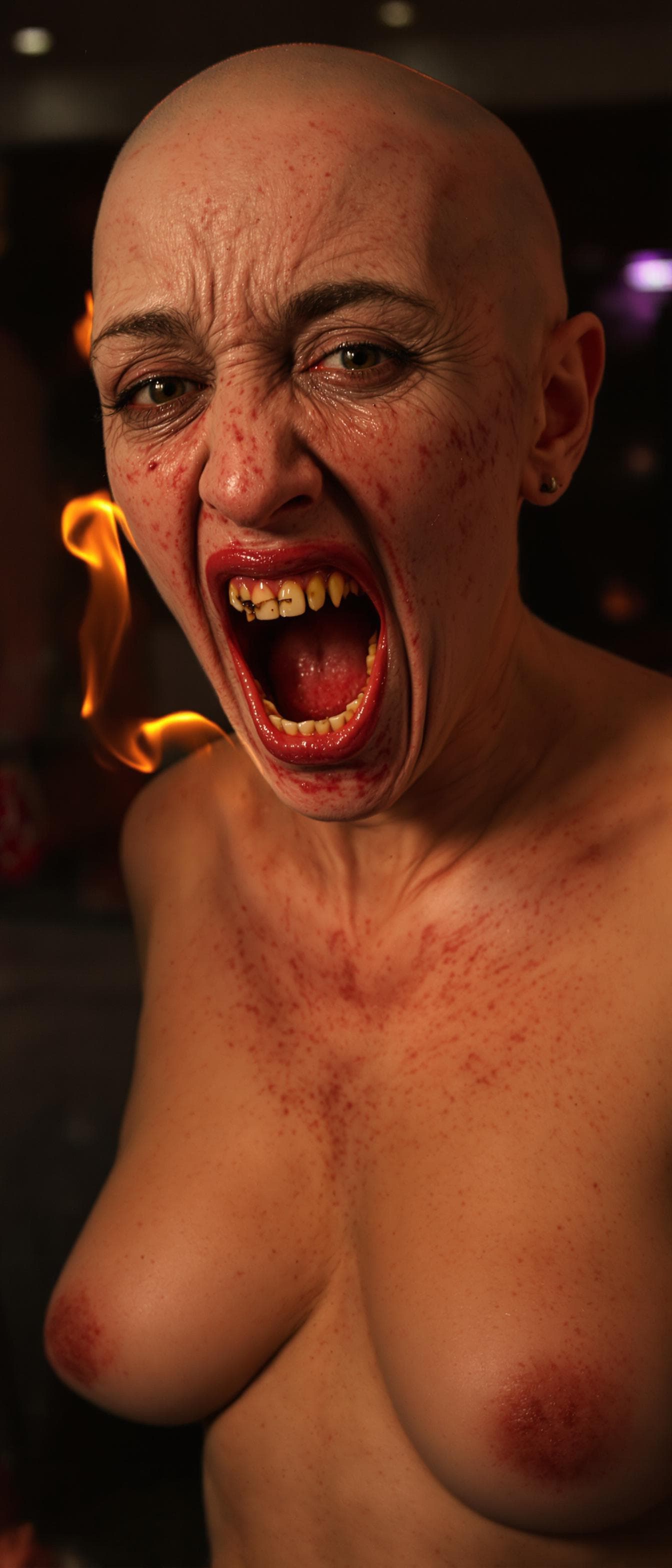 AI generated: An ugly face woman with ugly body  dancing in a party with fire from her mouth  . She is bald . She ...
