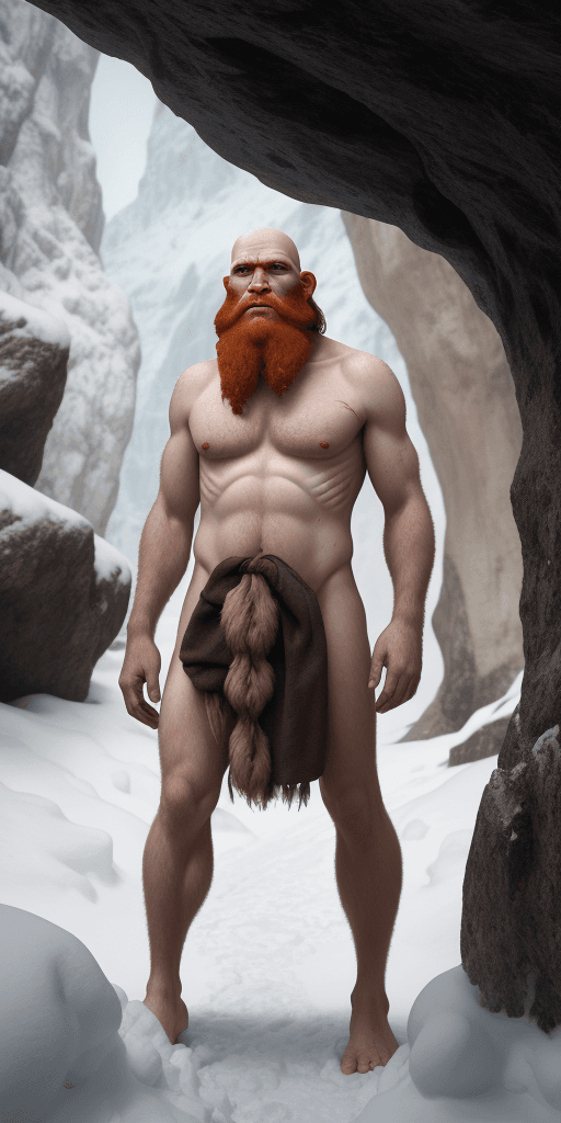 AI generated: A neanderthal man without clothes is standing the the snow near a cave, he has bald head, long red b...
