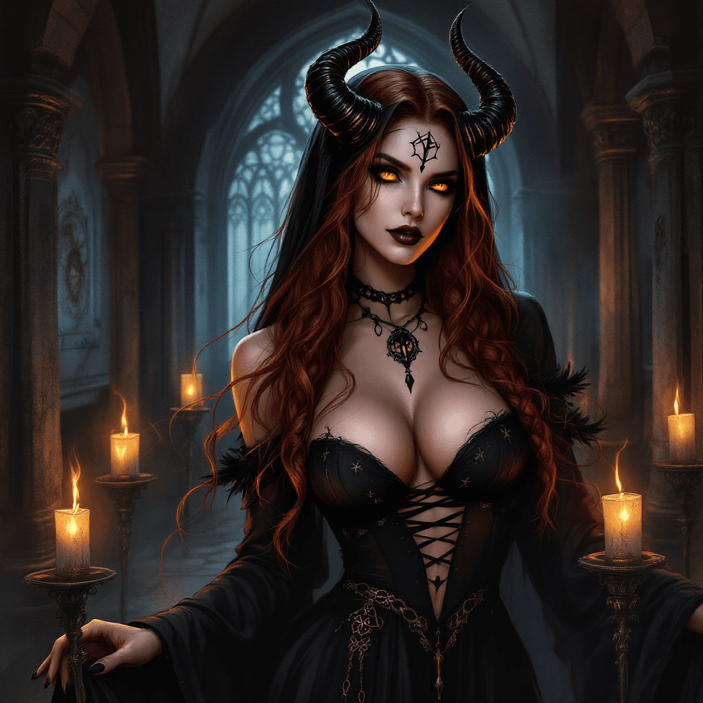 AI generated: The Demonic Abbess: A seductive and powerful sorceress with long, dark auburn hair often styled with...