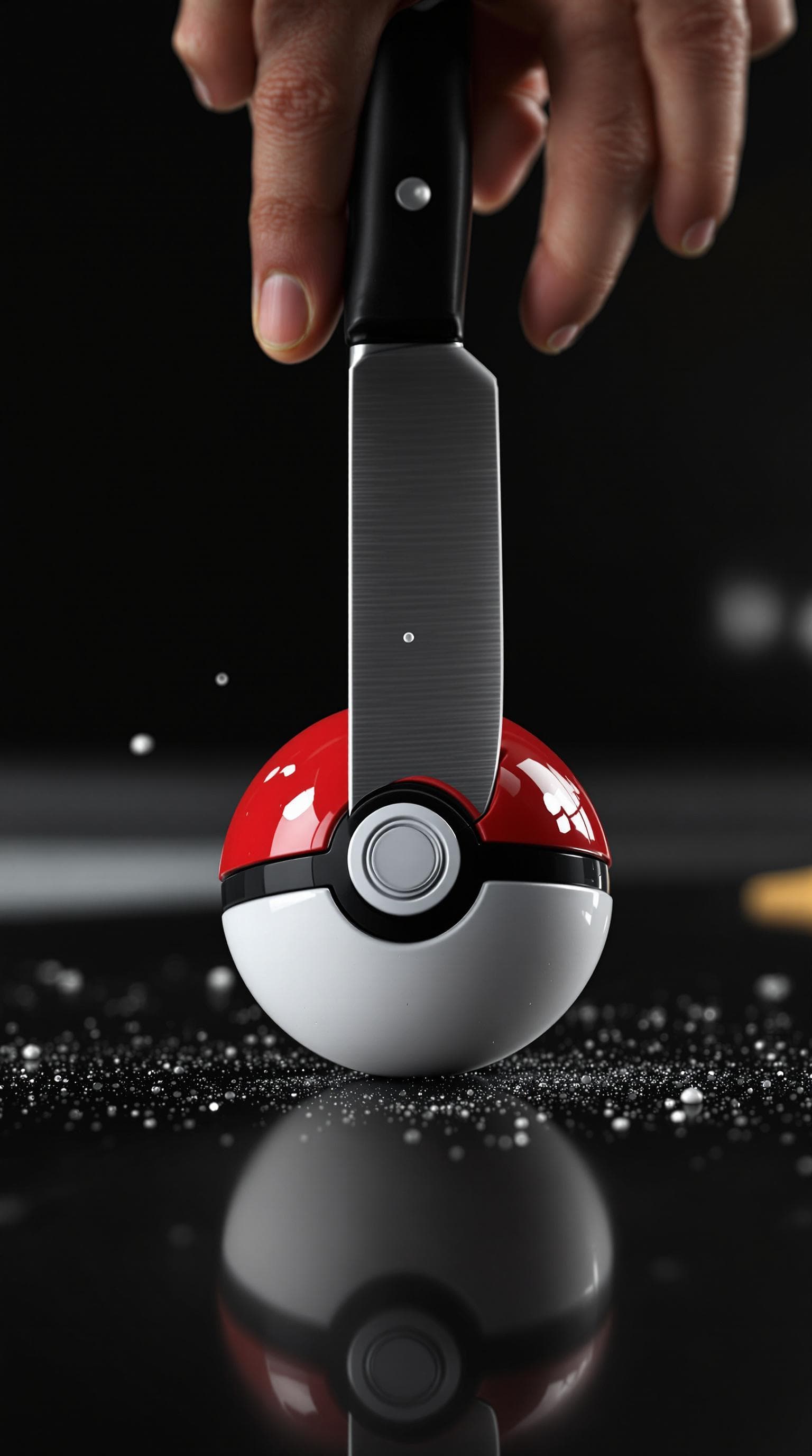AI generated: "A hyper-realistic ASMR video of a sharp kitchen knife slicing through a Pokeball in a modern kitche...