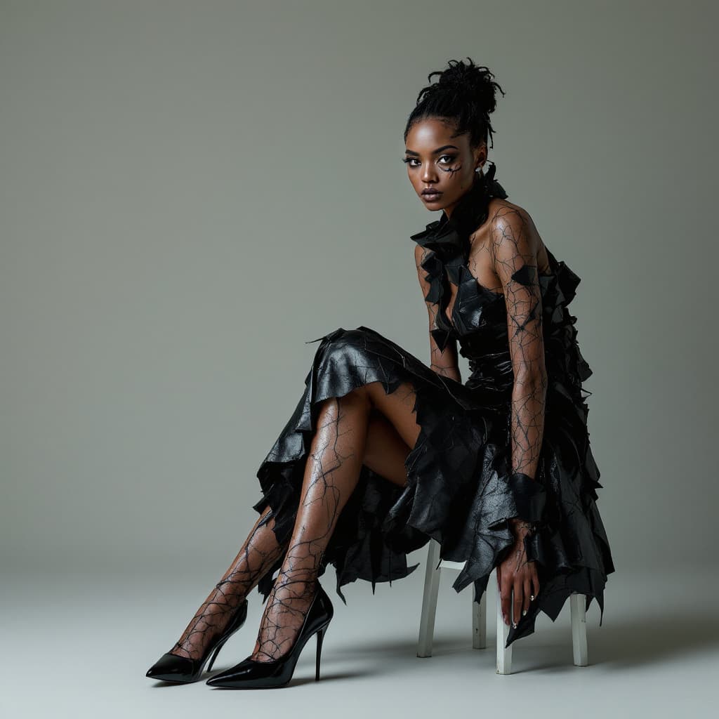 AI generated: a professional photography portrait of a woman with rough skin wearing black heels and a dress made ...