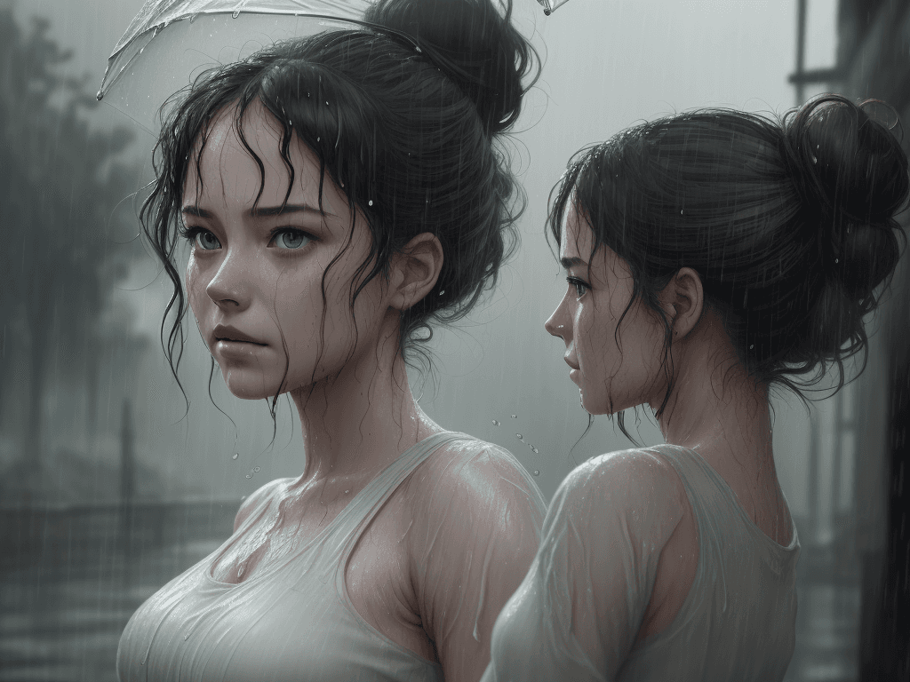 AI generated: A beautiful lady looking at camera dancing in heavy rain, face and body are wet, messy bun hair 32k ...