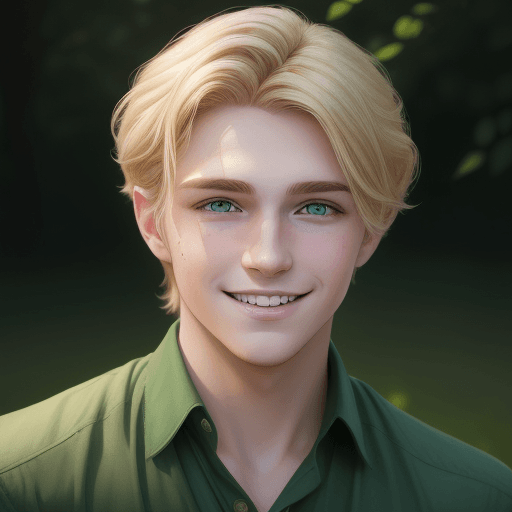 AI generated: headshot of a handsome young man with medium blonde hair, jade green eyes, smiling at the camera ,de...