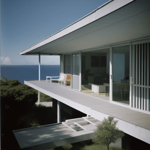 AI generated: Hyper realistic eye level exterior photo of a mid century modern style house overlooking the ocean, ...