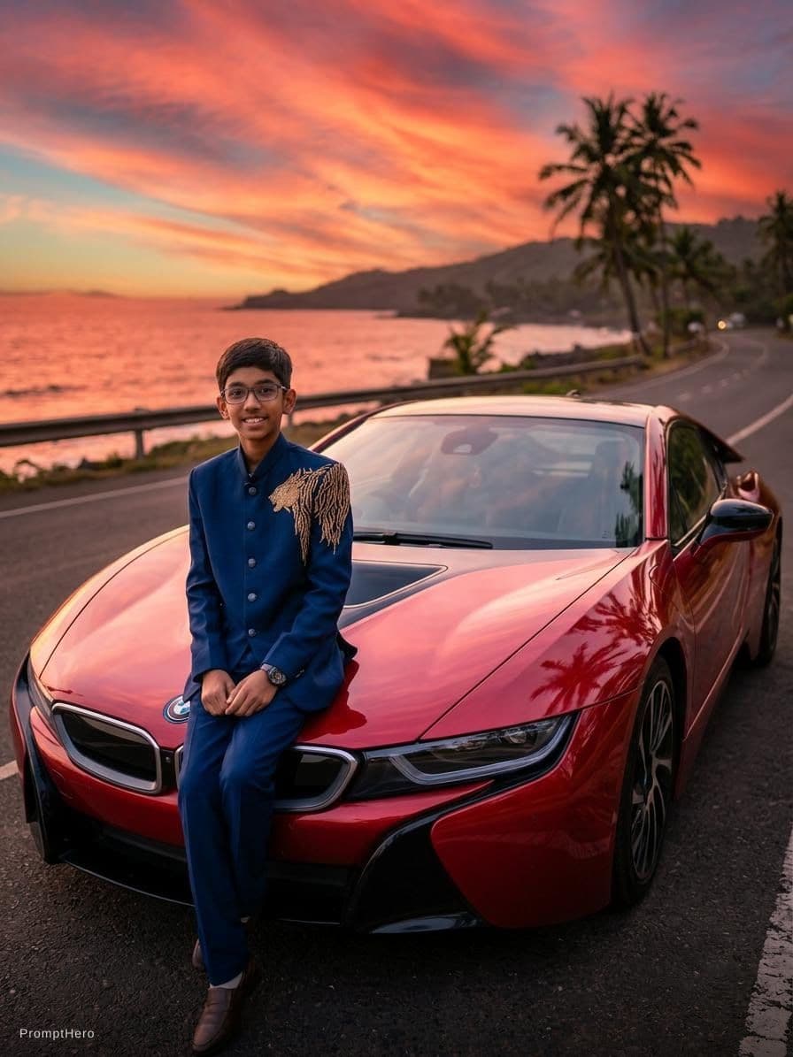 AI generated: I wante the boy site on the BMW I8 car bonnet.the car is red color.the nice sun set wante background...