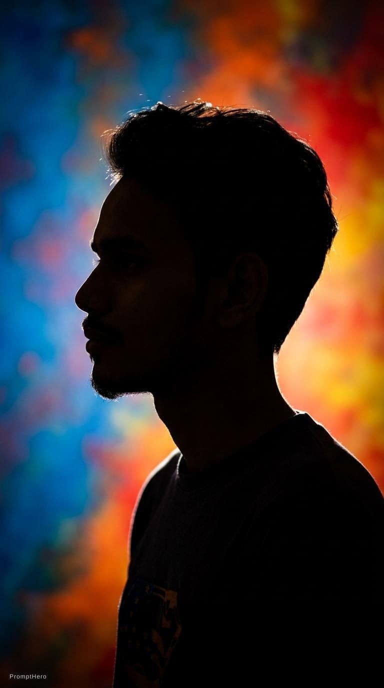 AI generated: photography, portrait. power of contrast, man model profile silhouette of a vibrant randomly color b...
