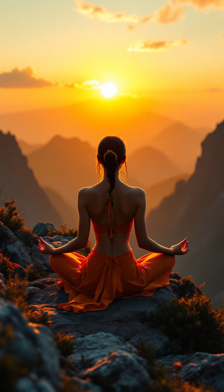 AI generated: At sunset, during golden hours, closeup photo of a Chinese queen doing yoga, sitting on top of a mou...
