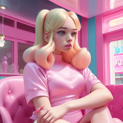 AI generated: blond woman sitting on a pink chair in a pink ice cream parlor, sydney sweeney, official artwork, po...