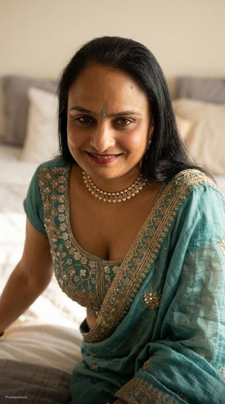 AI generated: Sitting on a bed teasing, same uploaded hairstyle, wearing same décolleté saree dress but cropped, l...