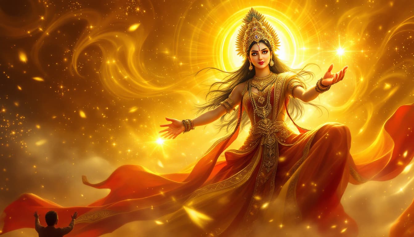 AI generated: A digital artwork depicting a Hindu deity in an ornate golden crown with feather-like decorations, w...