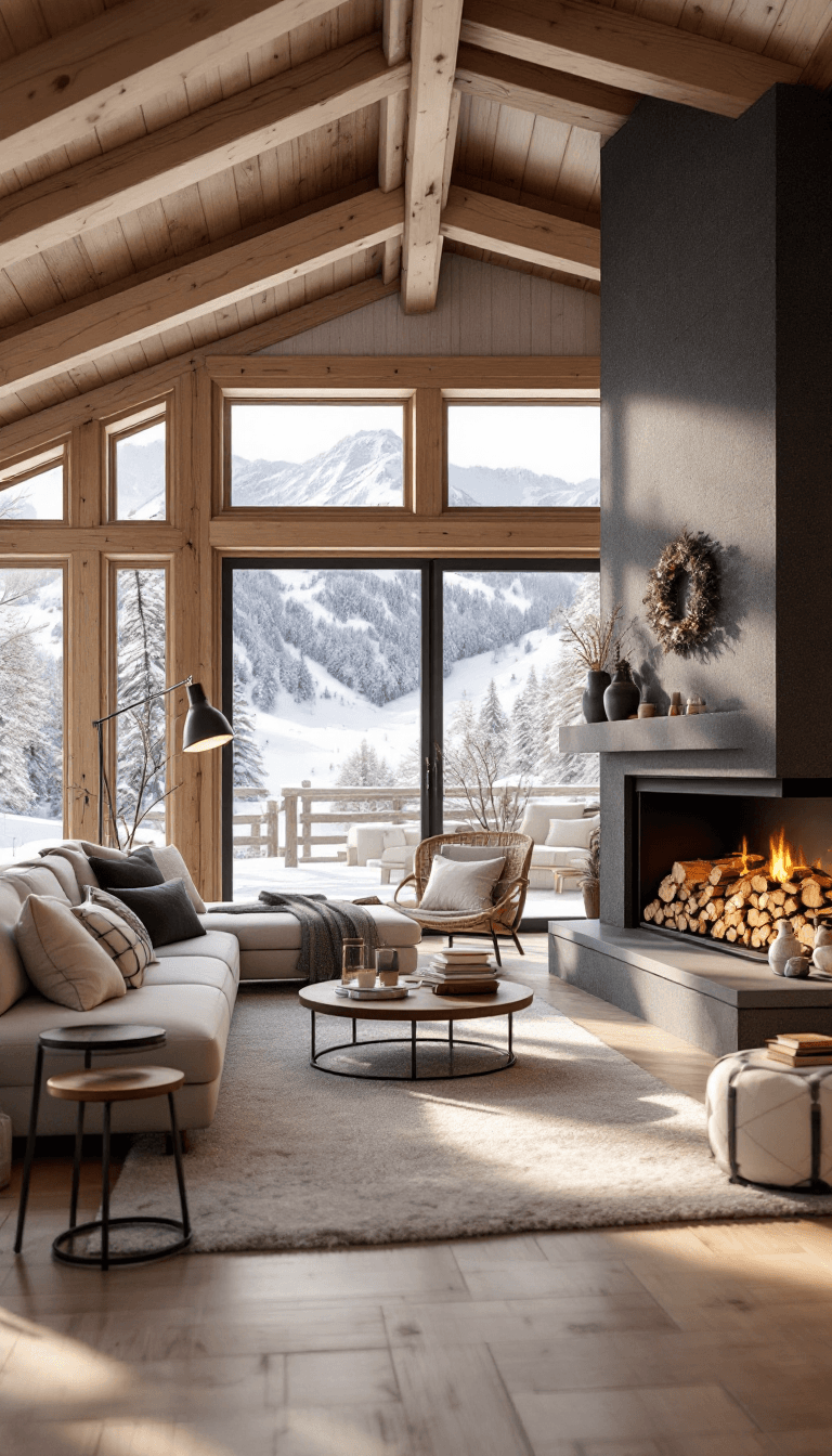 AI generated: a cozy living room in a wooden chalet, big fireplace, stacked firewood, big window with views of ski...