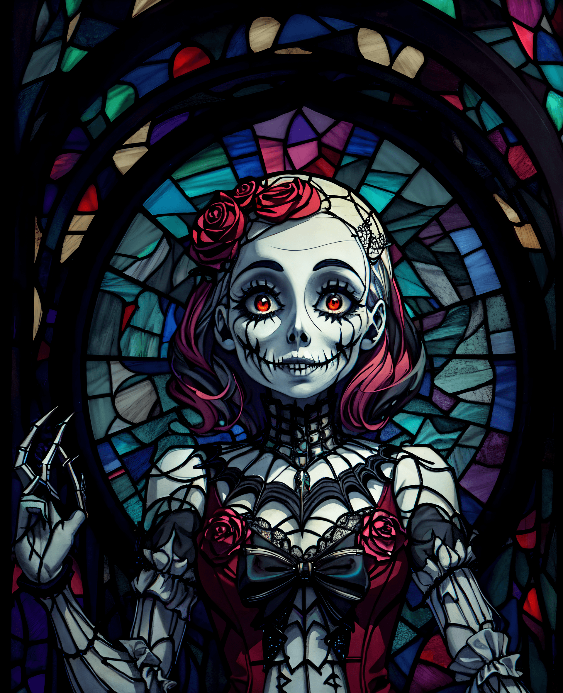 AI generated: (Masterpiece, exquisite art:1.2) , Stained glass, Jack Skellington and Sally, (A Nightmare before Ch...