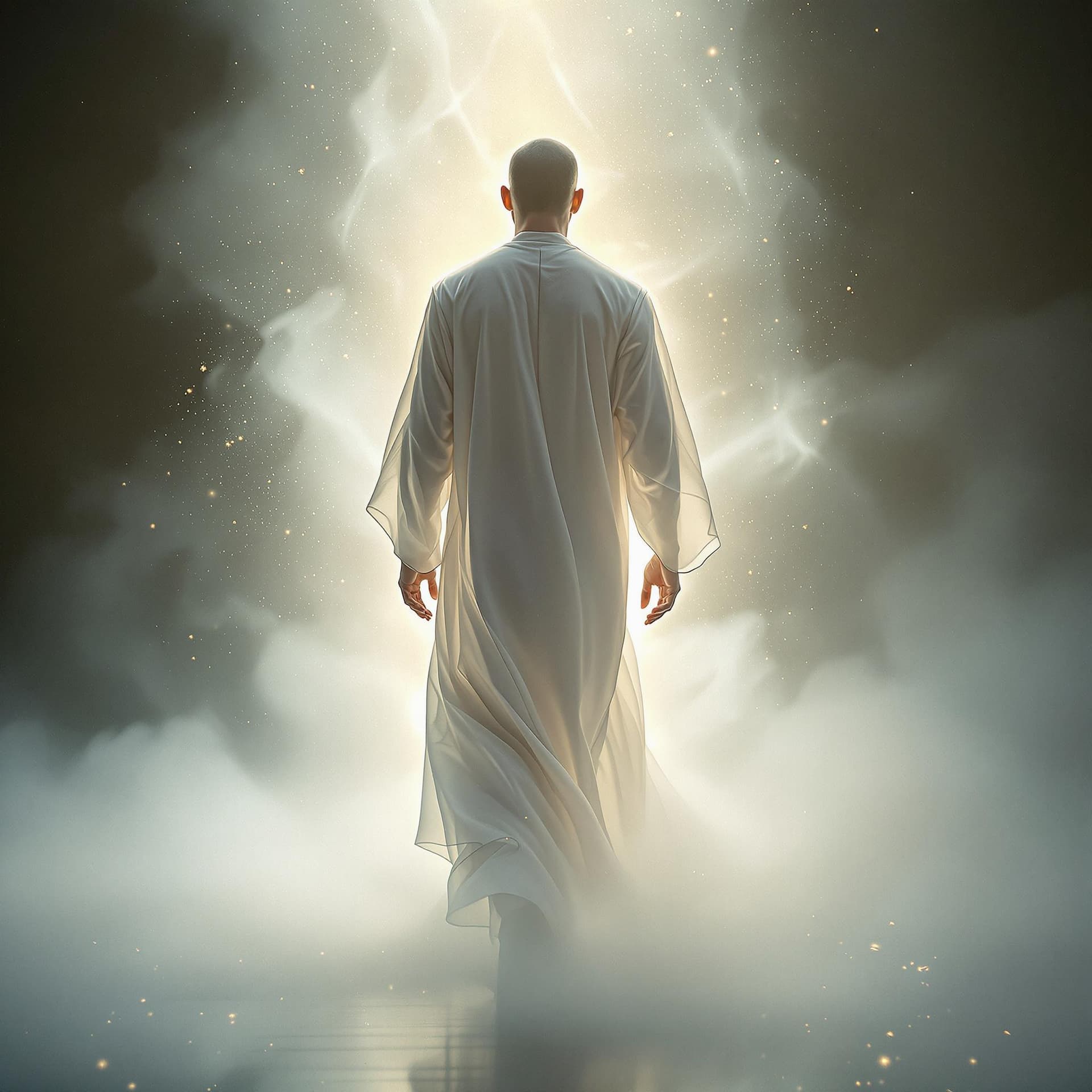 AI generated: A fine art, hyper-realistic, cinematic image of a man wearing a white long cotton robe with his back...