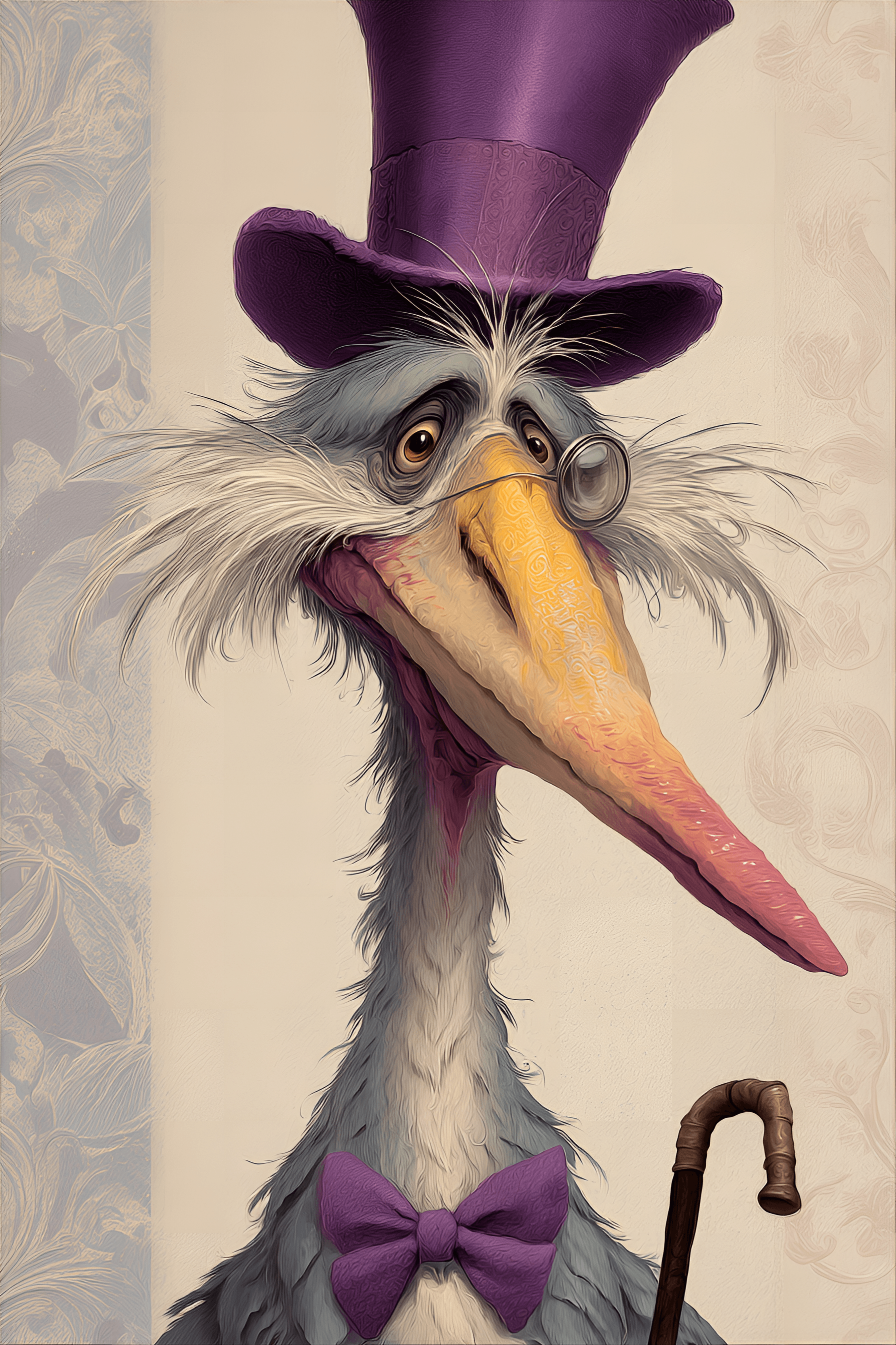 AI generated: funny caricature, whimsical bird caricature, male, 100 years old, feathered, lanky, eccentric, exagg...